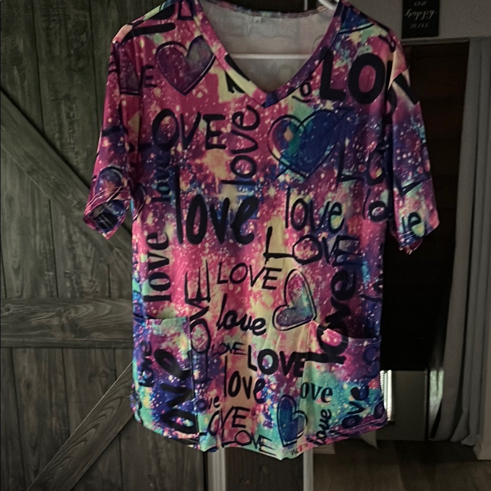 Colorful Love Print scrub top
